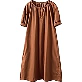 Minibee Women's Cotton Linen Dress Short Sleeve Midi Casual Plus Size Tunic Dress with Pockets