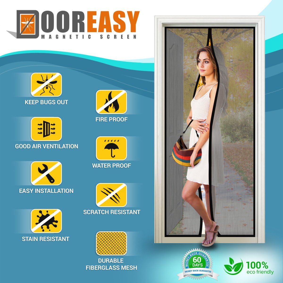 DOOREASY Premium Fire Retardant Fiberglass Insect Screen, 72 Inch By 80 Inch(Black), Pets Friendly Magnetic Easy Screen Door, Your Family Safe from Insects, Let Fresh Healthy Air Home