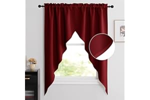 NICETOWN Blackout Kitchen Tier Curtains- Rod Pocket Tailored Scalloped Valance/Swags for Basement (1 Set, 72 inches Wide Combined, 63 inches Long, Burgundy Red)
