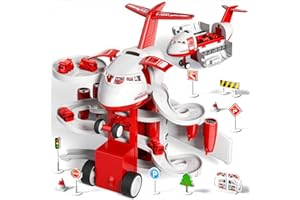 BLmukce Airplane Toys for Toddlers, Plane Toys with 4 Vehicle Cars, Race Track & Map for Kids 3-5, Educational Press and Go T