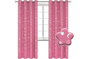 BGment Pink Blackout Curtains for Bedroom, Star Curtains with Moon for Kids Room，Thermal Insulated Room Darkening Drapes with Grommet for Nursery Girl Boy Baby, 2 Panels of 52 x 84 Inch