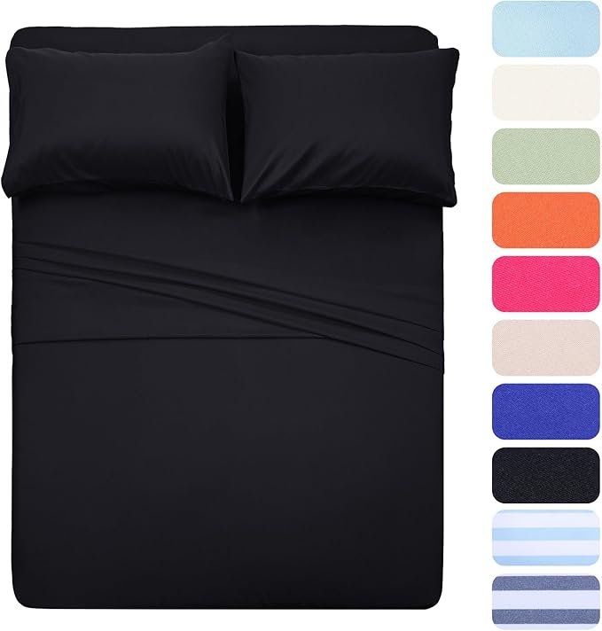4 Piece Bed Sheet Set (Queen,Black) 1 Flat Sheet,1 Fitted Sheet and 2 Pillow Cases,100 Super