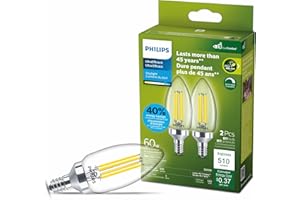 Philips Ultra Efficient LED B11 60W Clear Light Bulb, Dimmable 5000K 2PK