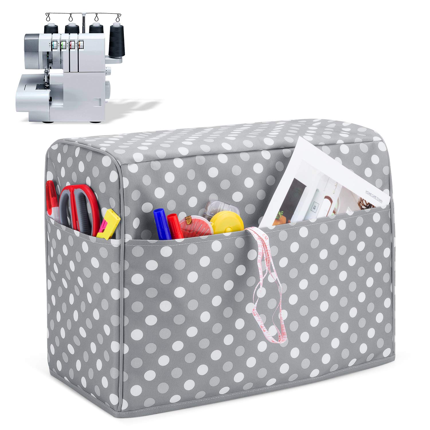 Luxja Dust Cover for Overlocker Machine, Overlocker Sewing Machine Dust Cover with Storage Pockets for Extra Accessories ( Fit for Most Standard Overlockers), Grey Dots