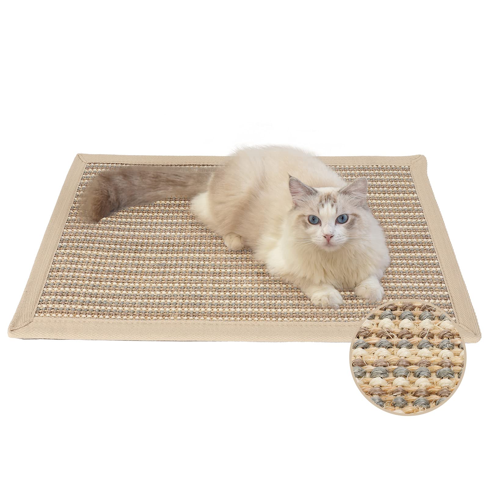 FUKUMARU Cat Scratcher Mat, 40 x 60 cm Natural Sisal Cat Scratch Mats, Horizontal Cat Floor Scratching Pad Rug, Protect Carpets and Sofas - Cream