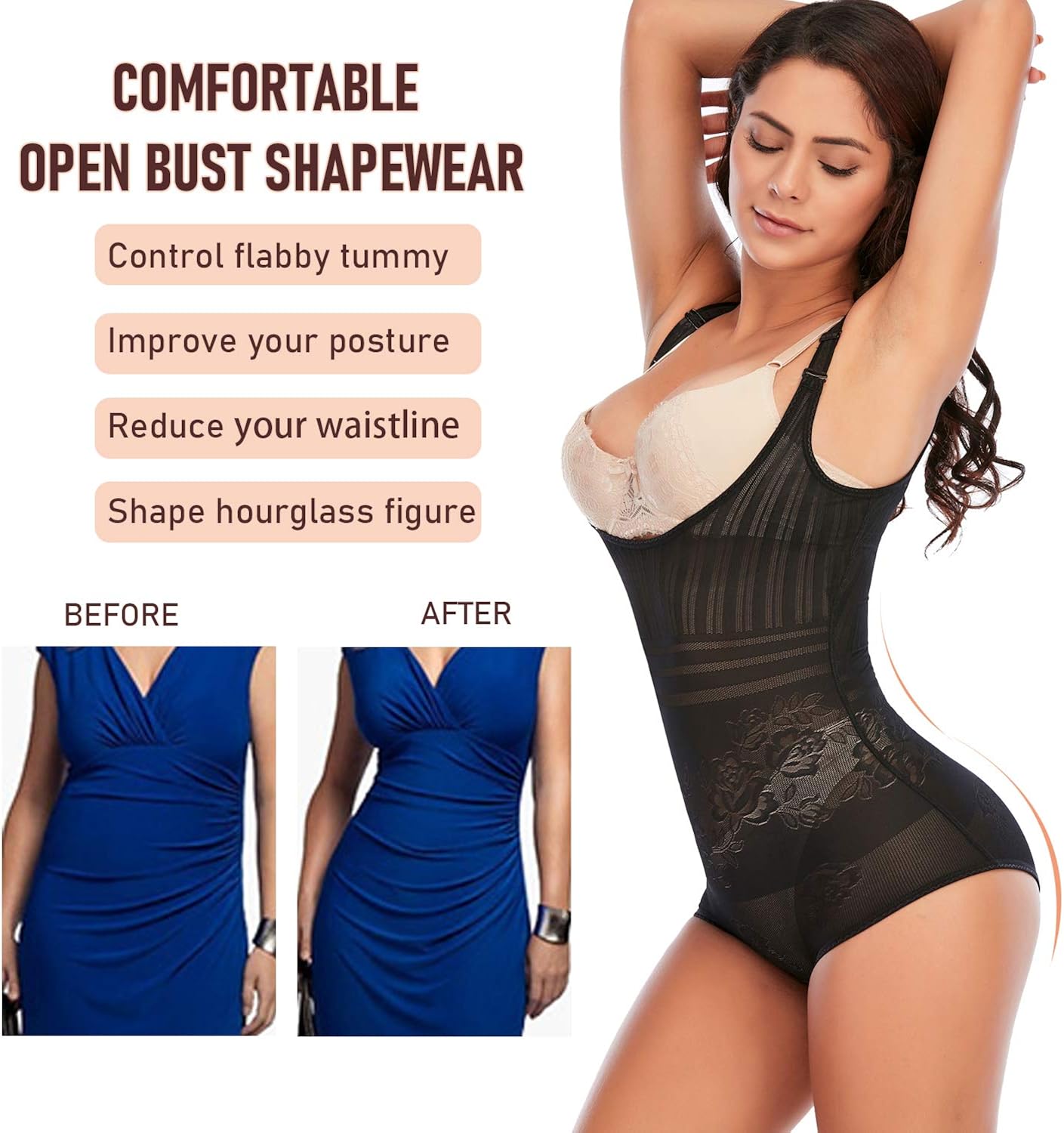 Shapewear Bodysuit for Women Tummy Control Body Shaper Slimmer Open Bust Shaping Bodysuit (Black-034, X-Large) at  Women’s Clothing store