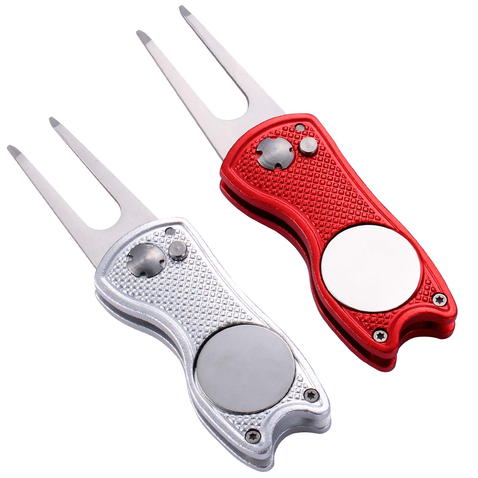 Yizerel 2 Pack Metal Foldable Golf Divot Tool with Pop-up Button & Magnetic Ball Marker (Pack of 2, Fish Design)