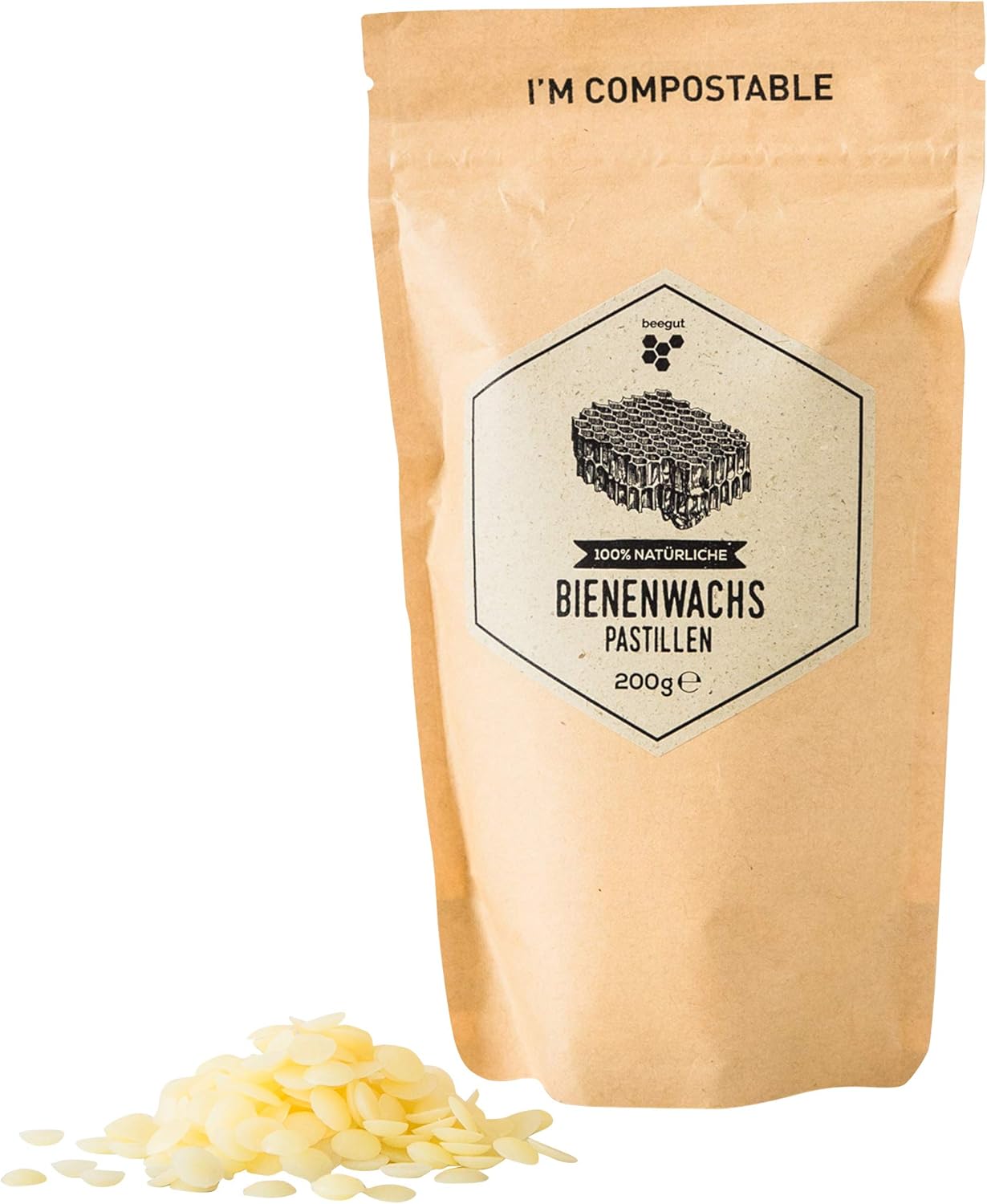 beegut Bienenwachs Pastillen, 200g natürliches reines Bienenwachs, nachhaltige Verpackung, geeignet für Naturkosmetik, Bienenwachstücher, Kerzenherstellung und Leder-/Holzpflege