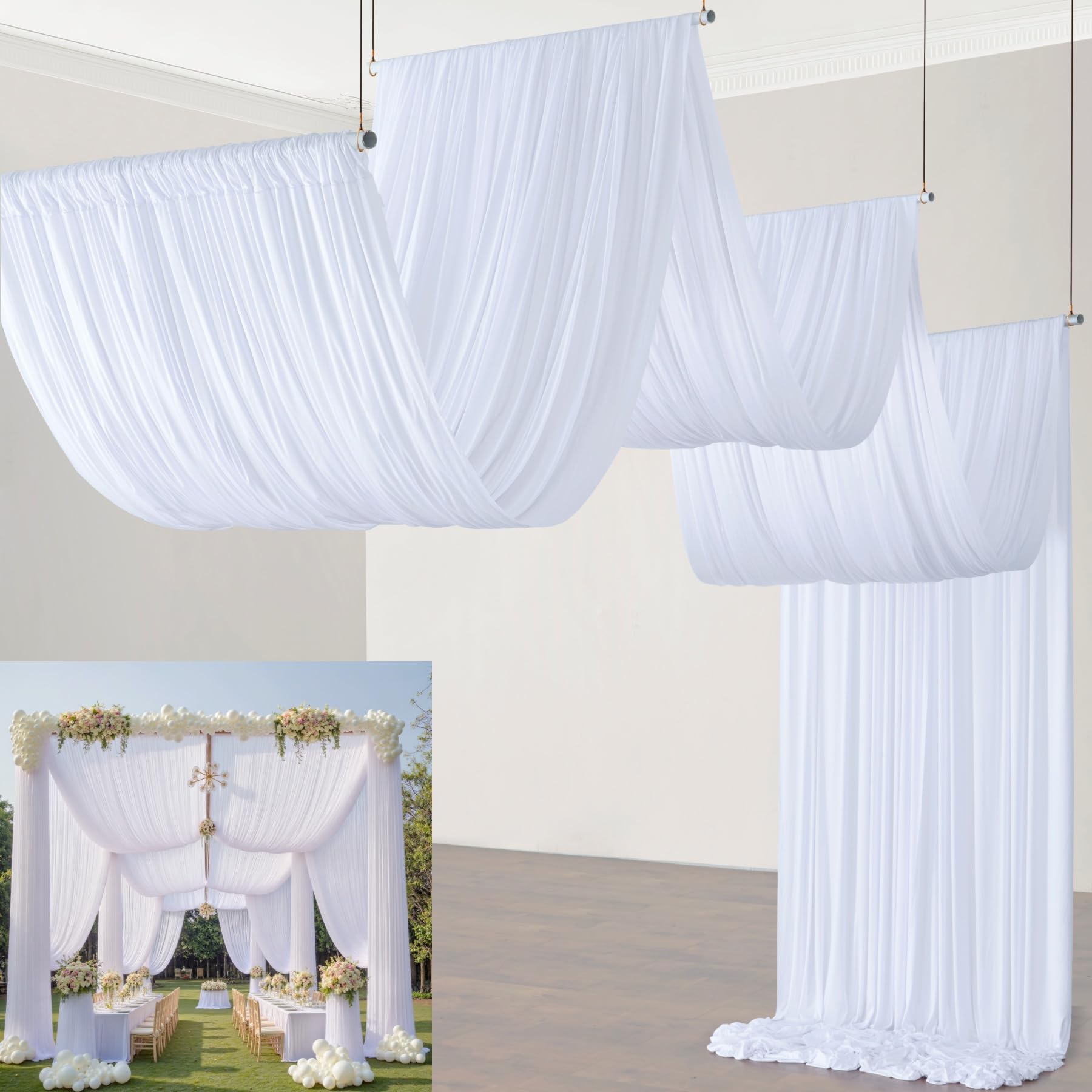 Photo 1 of 10ftx40ft White Backdrop Ceiling Drapes,2Panels 40ft Height Wrinkle Free Tent Draping Curtains, Fabric Drapery Ceiling Drapes for Wedding Ceremony Birthday Theme Parties with Rod Pocket