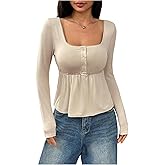 SOLY HUX Women's Babydoll Tops Long Sleeve Henley Shirts Cute Square Neck Coquette Peplum Top
