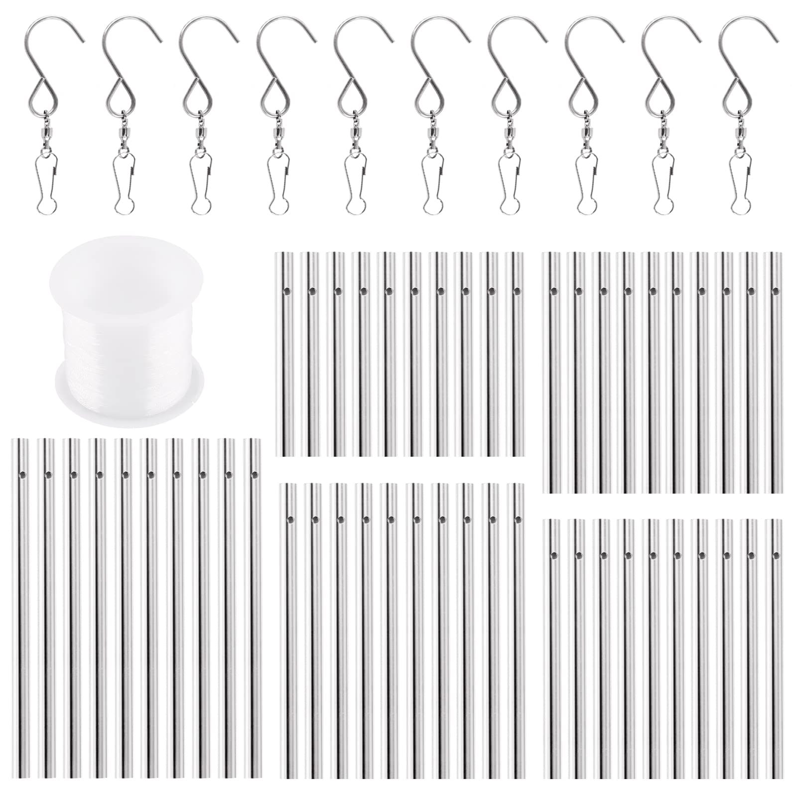 Keadic 61 Pcs 5 Sizes Silver Wind Chimes Tubes Assortment Set with Swivel Hooks Clips and Windchime String, Wind Chime Empty Tubes Parts Supplies for DIY Hanging Home Garden Ornament