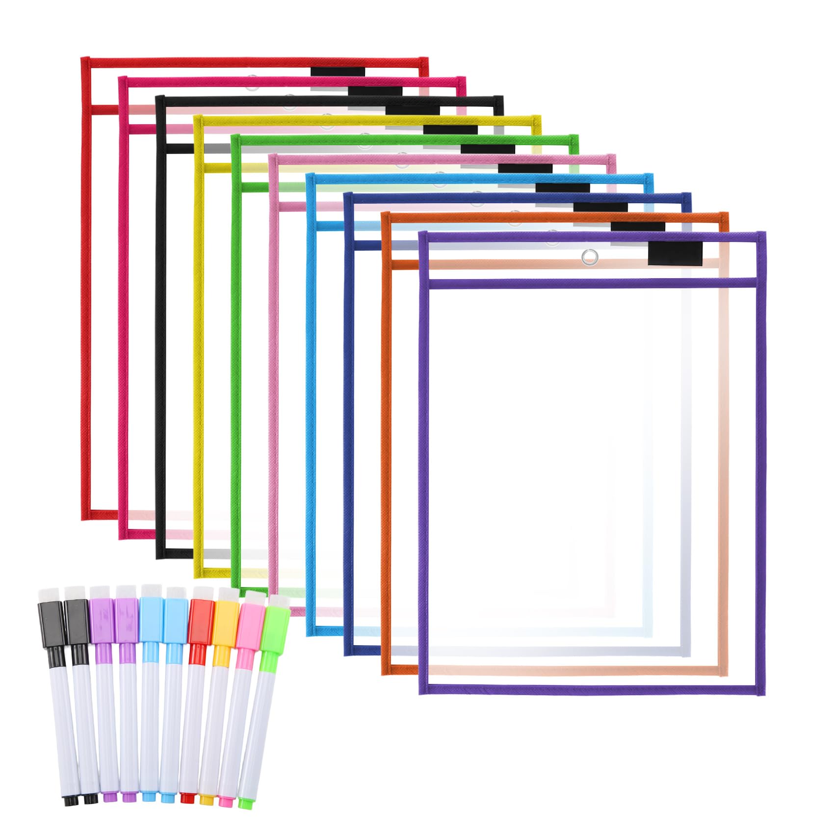 Qarmijaer 10 Pcs Dry Wipe Pocket folders in 10 Colors, Plastic Paper Holder Pads, A4 Transparent Dry Wipe Covers, Writing and Wiping Clean Bags, School Work Supplies Pockets