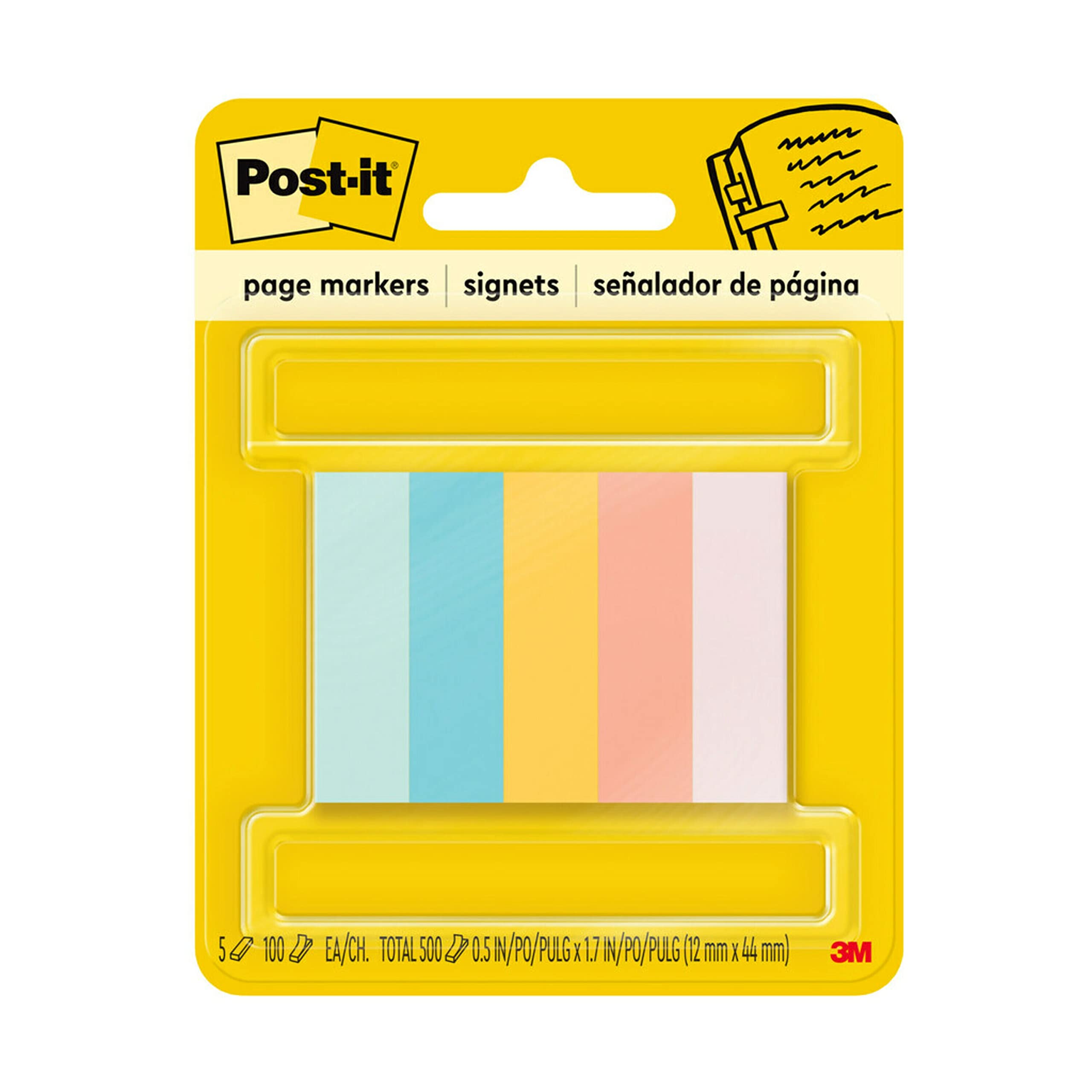 Post-it Page Markers, 1/2 in X 1-3/4 in, Assorted Bright Colors, 100 Sheets/Pad, 5 Pads/Pack (670-5AF2)
