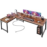 Huuger 63 Inch L Shaped Desk with Power Outlets and USB-C Port, 0.95 Inch Thicker Desktop, Reversible Computer Desk, Larger Office Corner Gaming Desk, Metal Frame, for Home Office, Study, Rustic Brown