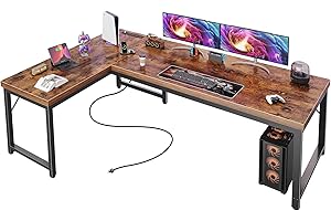 Huuger 63 Inch L Shaped Desk with Power Outlets and USB-C Port, 0.95 Inch Thicker Desktop, Reversible Computer Desk, Larger Office Corner Gaming Desk, Metal Frame, for Home Office, Study, Rustic Brown