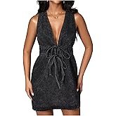 SHENHE Women's Deep V Neck Tie Bow Sleeveless Denim Mini Dress Summer Casual Jean Tank Dresses