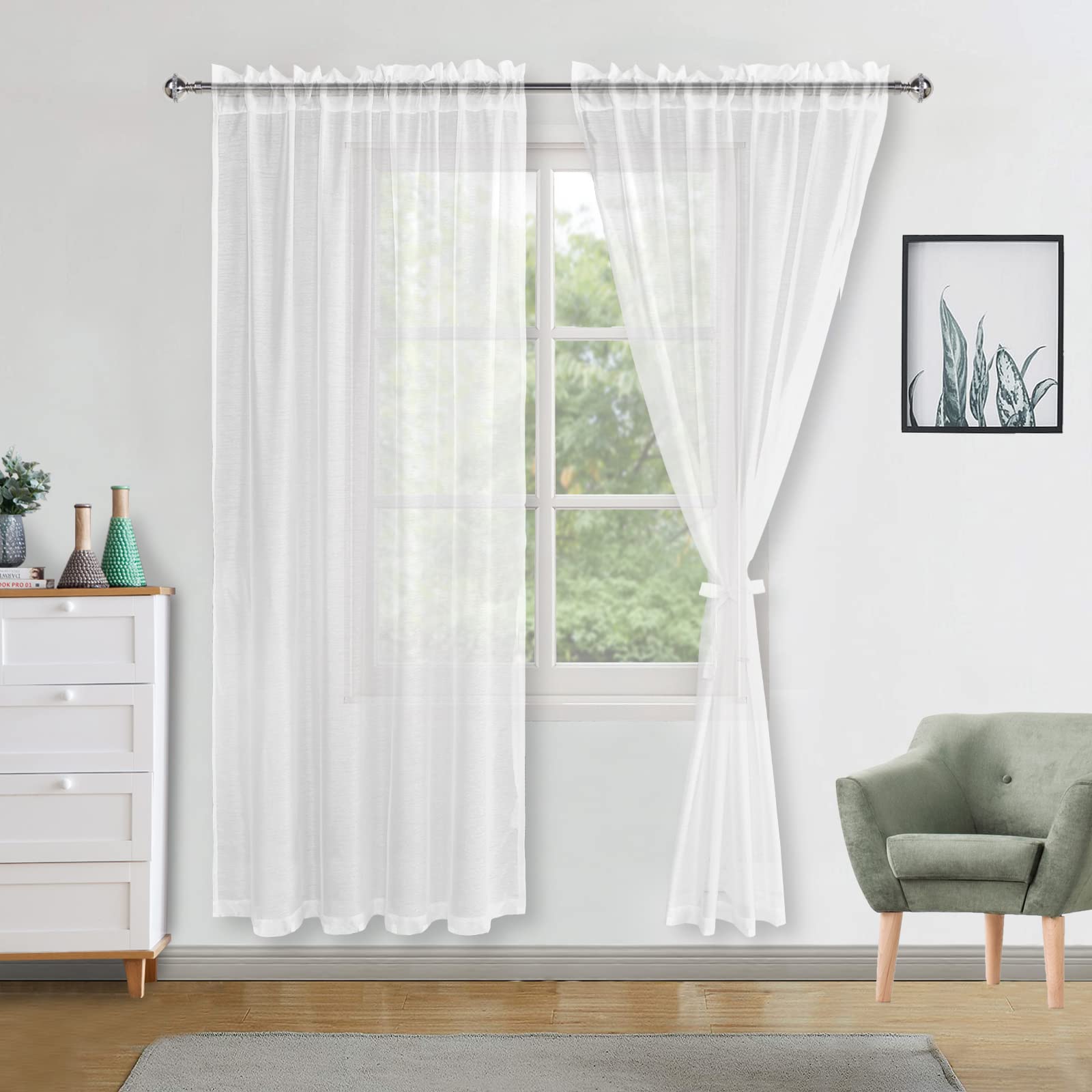 DWCN White Net Curtains for Windows 84 Drop Pair with Tiebacks Semi Transparent Soft Sheer Curtains Rod Pocket Long Voile Curtain for Living Room Bedroom and Kitchen,52" W x 84" Drop,2 Panels