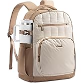 LOVEVOOK Laptop Backpack for Women with Giant Tumbler Holder Pocket,15.6 Inch Puffer Travel College Work Backpack Purse for Teacher Nurse,Waterproof Laptop Bag Computer Back Pack Daypack,White-Khaki