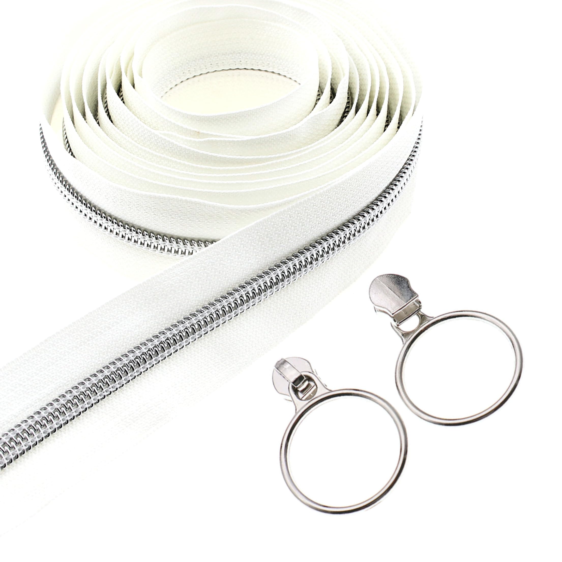 Leekayer #5 Silver Metallic Nylon Coil Zippers - 10 Yards White Tape, 25pcs Sliders for DIY Sewing Tailor Craft Bag
