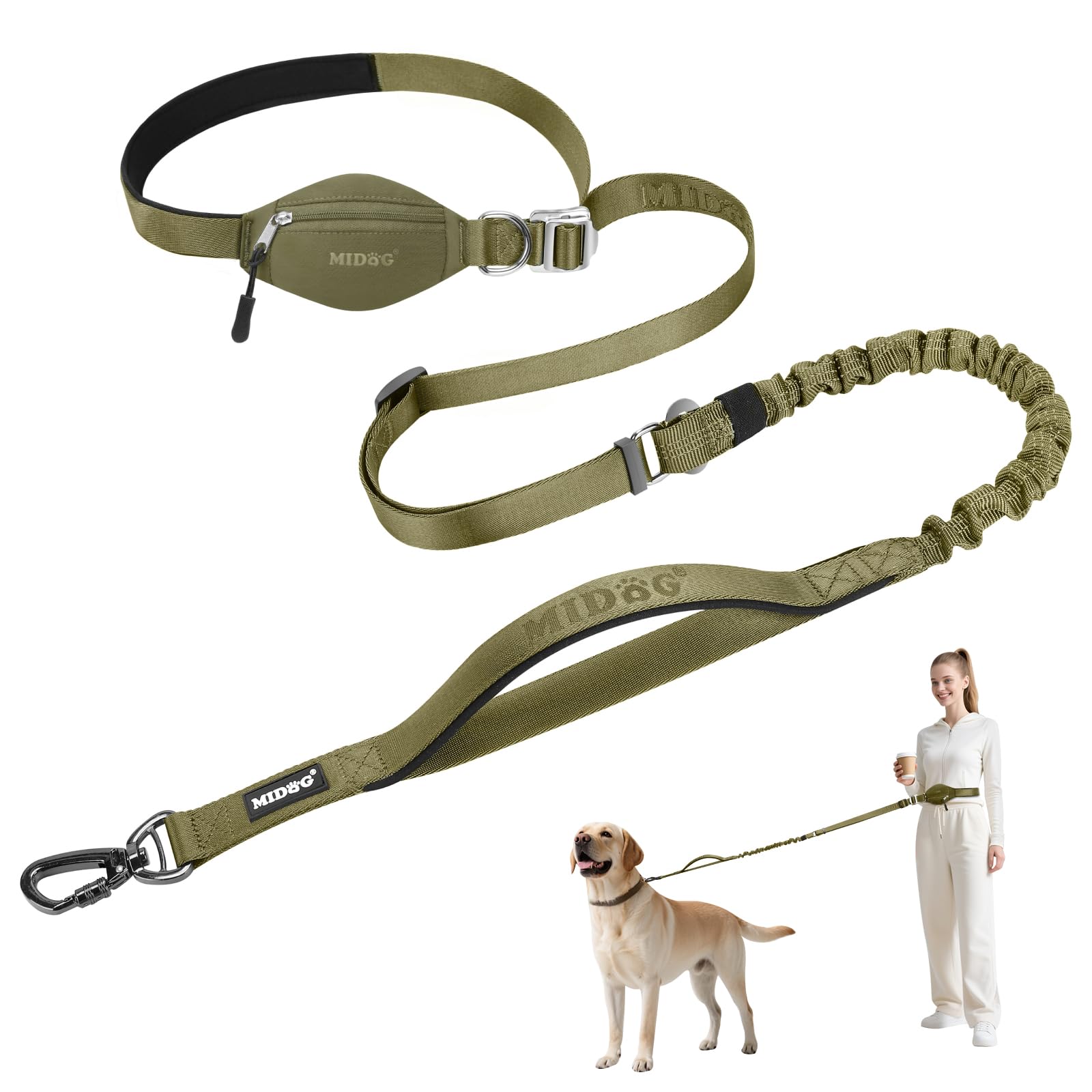 Photo 1 of MIDOG Multifunctional Dog Leash Hands Free for Large Dogs - Adjustable Waist Leash with Zipper Pounch& Bungee Cord for Jogging/Running/Walking(4-7FT,Brown)