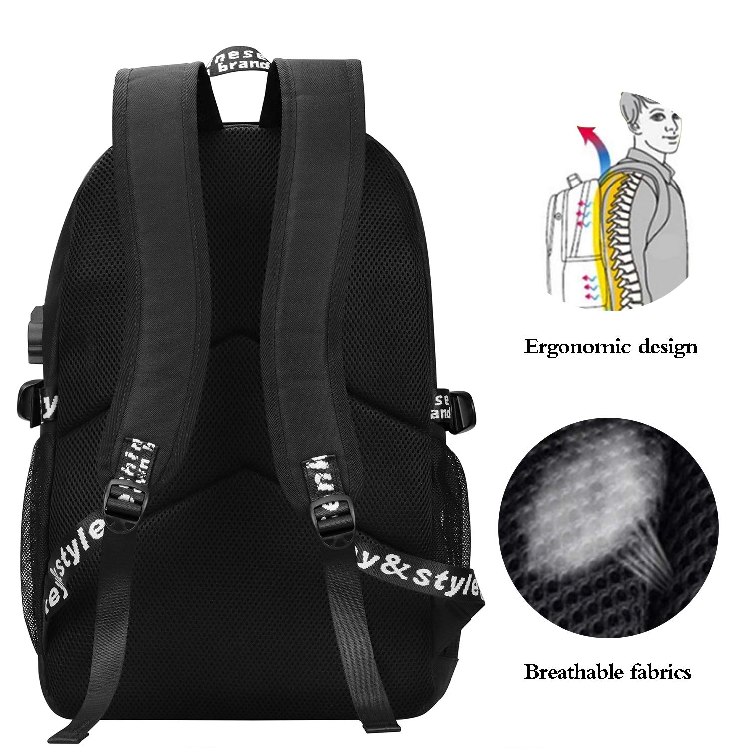 School Backpack for Boys, Cartoon Luminous Bookbag 15.6inch Laptop Bag with USB Charging Port - Music Black