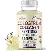Flora Fusion Bovine Colostrum Gummies 5000mg with Collagen Peptides &amp; Probiotics for Women &amp; Men, 60% IgG for Gut Health &amp; Immune Support, Grass-Fed, Sugar-Free, 120 Gummies (Vanilla)