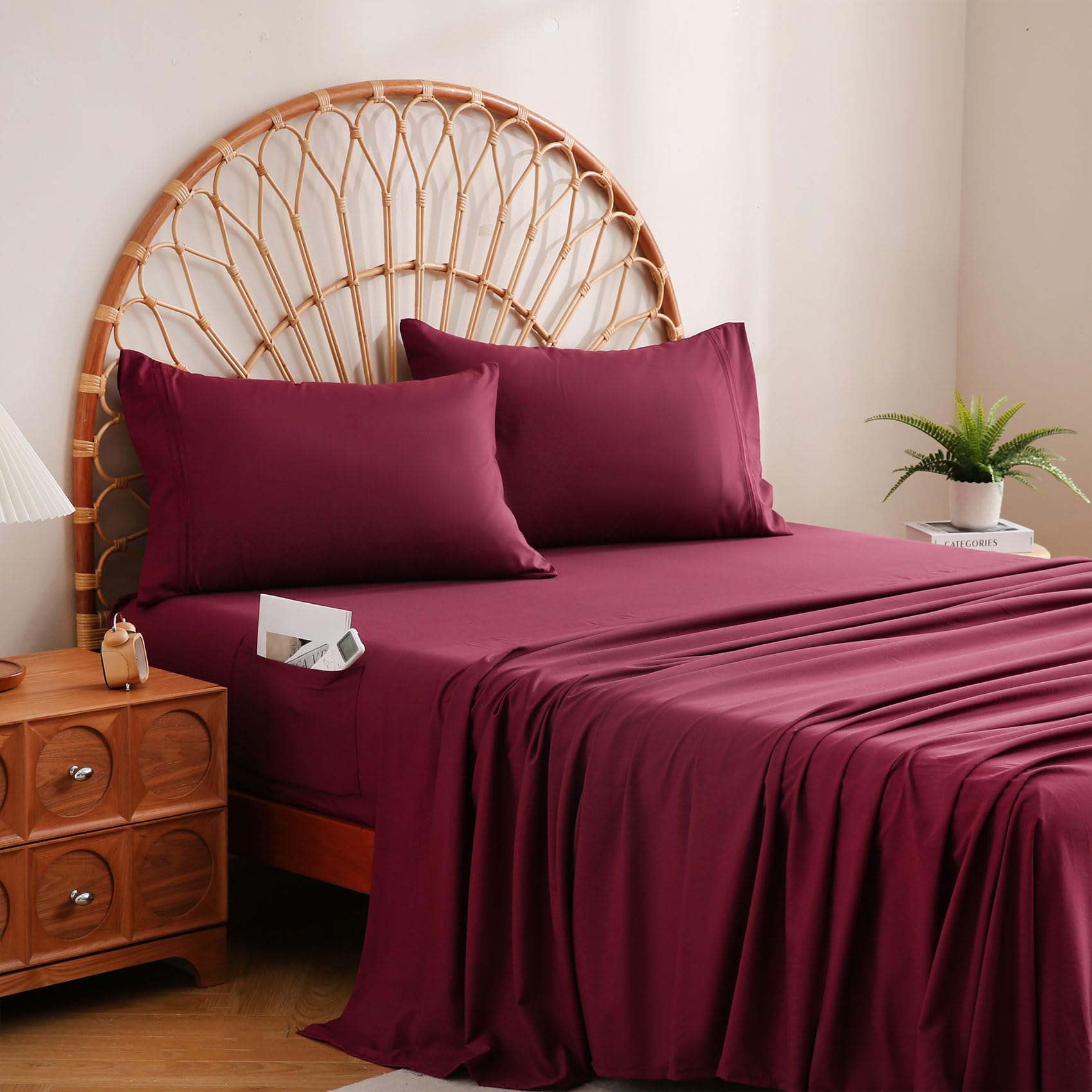 Photo 1 of ONLY FITTED SHEET!!!!!!!!!!!!!!!!!!!!!!!!!!!!!!!!!!!!!!!!!!------------------------------------------------JSD Burgundy Twin Sheet Set with Side Pocket Corner Straps, 3 Piece Soft Kids Microfiber Bed Sheets Extra Deep Pocket