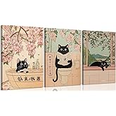 3Pcs Japanese Black Cat Bathroom Wall Art Funny Black Cat Reading Newspaper Painting Picture Wall Decor Japanese Animals Poster Print for Bedroom Toilet Home Decoration 12x16 frame