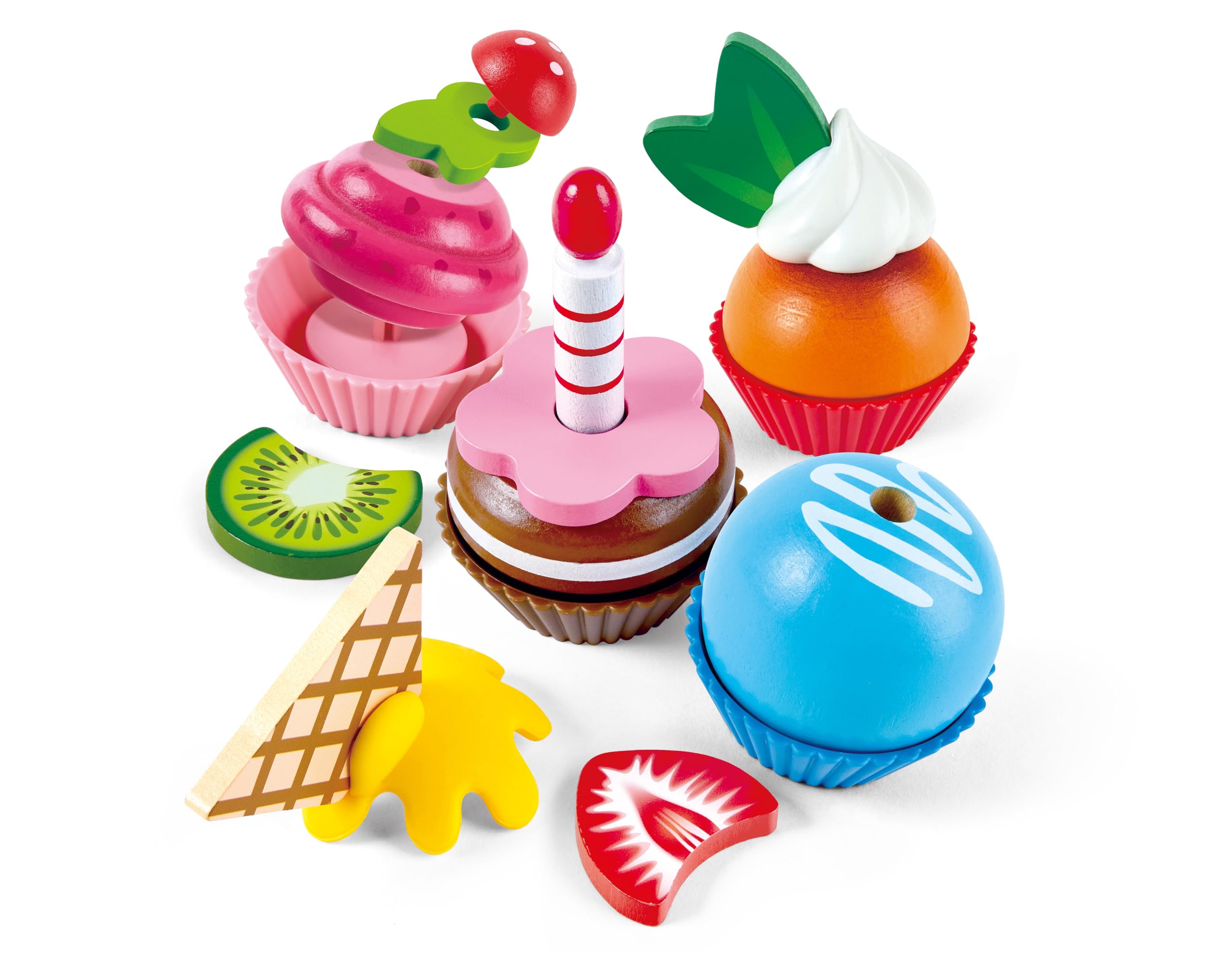 Hape E3157 Colourful Wooden Cupcakes, Realistic Pretend Play Food Kitchen Toy for Children Ages 3+ Years, Multicolor