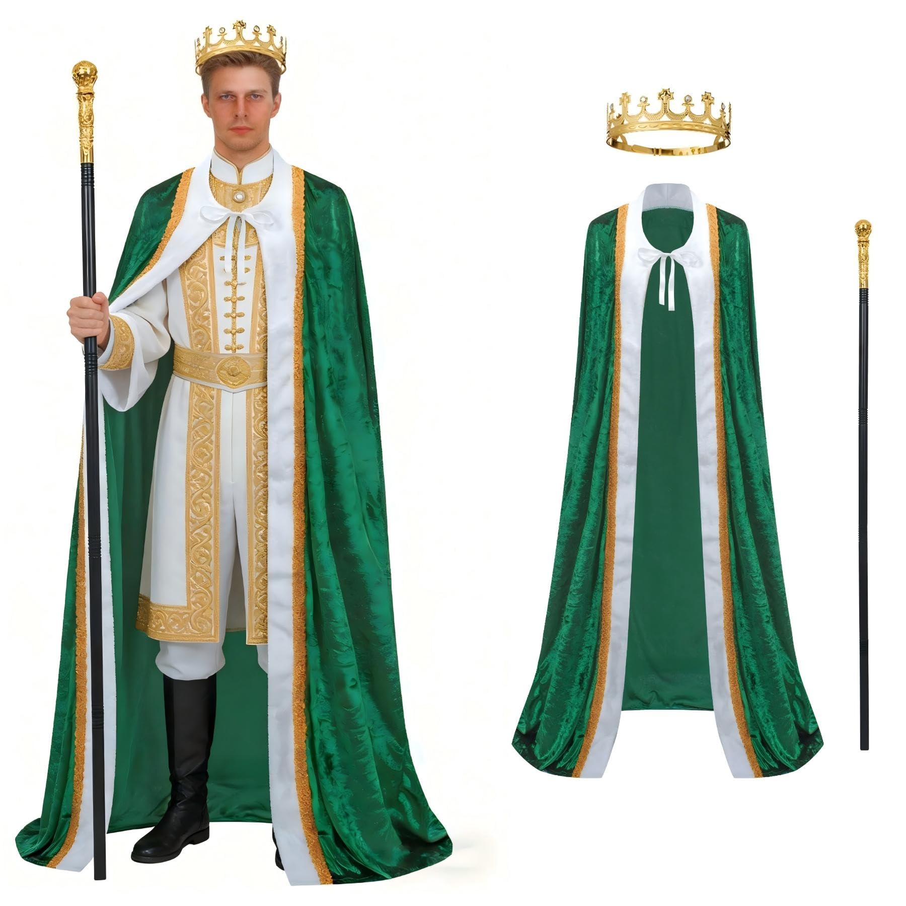 Regenboog King Costume for Men and Women With Metal Crown, Adult Green Cape, Scepter, Brooch, Queen, Halloween Lord Farquaad, M