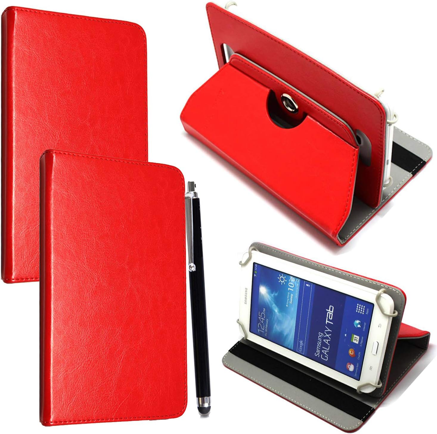 Universal 360° Rotational Colourful Various PU Leather Stand Case Cover Fits All 7" Inch Android Tablets tab devices + Free Stylus Pen (Universal 7'' red)