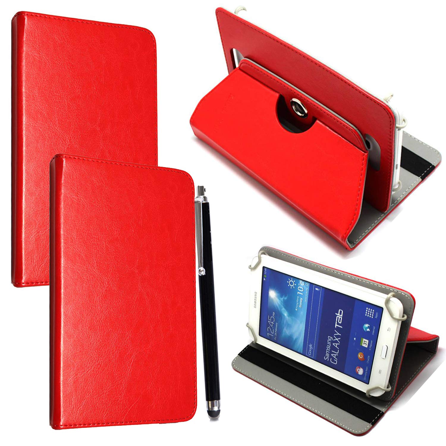 Colourful 10inch Tablet Case Cover - Universal Leather Stand Case Folio Cover Magic Leather 360° Rotating Case Fits for ALL 10" Inch & 10.1" Inch Android Tablets tab + Stylus Pen (RED CASE COVER)