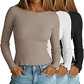 Neer 3 Pack Women's Crop Tops Long Sleeve Cotton Boat Neck Shirts Lettuce Trim Ribbed Slim Fit Casual Basic Tees(Black, White, Khaki,Large)