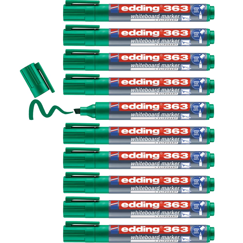 edding 363 whiteboard marker - green - 10 whiteboard pens - chisel tip 1-5 mm - whiteboard pen dry wipe - for whiteboards, flipcharts, pinboards, magnetic and memo boards - sketchnotes - refillable