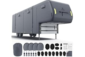Fonzier 5th Wheel RV Cover 40-43ft, 7 Layer Top Heavy Duty 5th Wheel Cover, Extra-Thick Waterproof Windproof Anti-UV Rip-Stop Camper Cover with 2Pcs Extra Straps, 6 Gutter Covers & 4 Tire Covers
