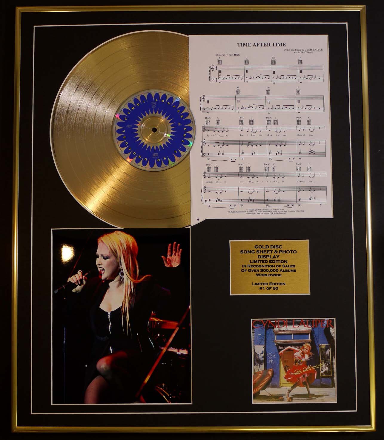 CYNDI LAUPER/CD GOLD DISC, SONG SHEET & PHOTO DISPLAY/LTD. EDITION/COA/ALBUM, SHE'S SO UNUSUAL/SONG SHEET, TIME AFTER TIME