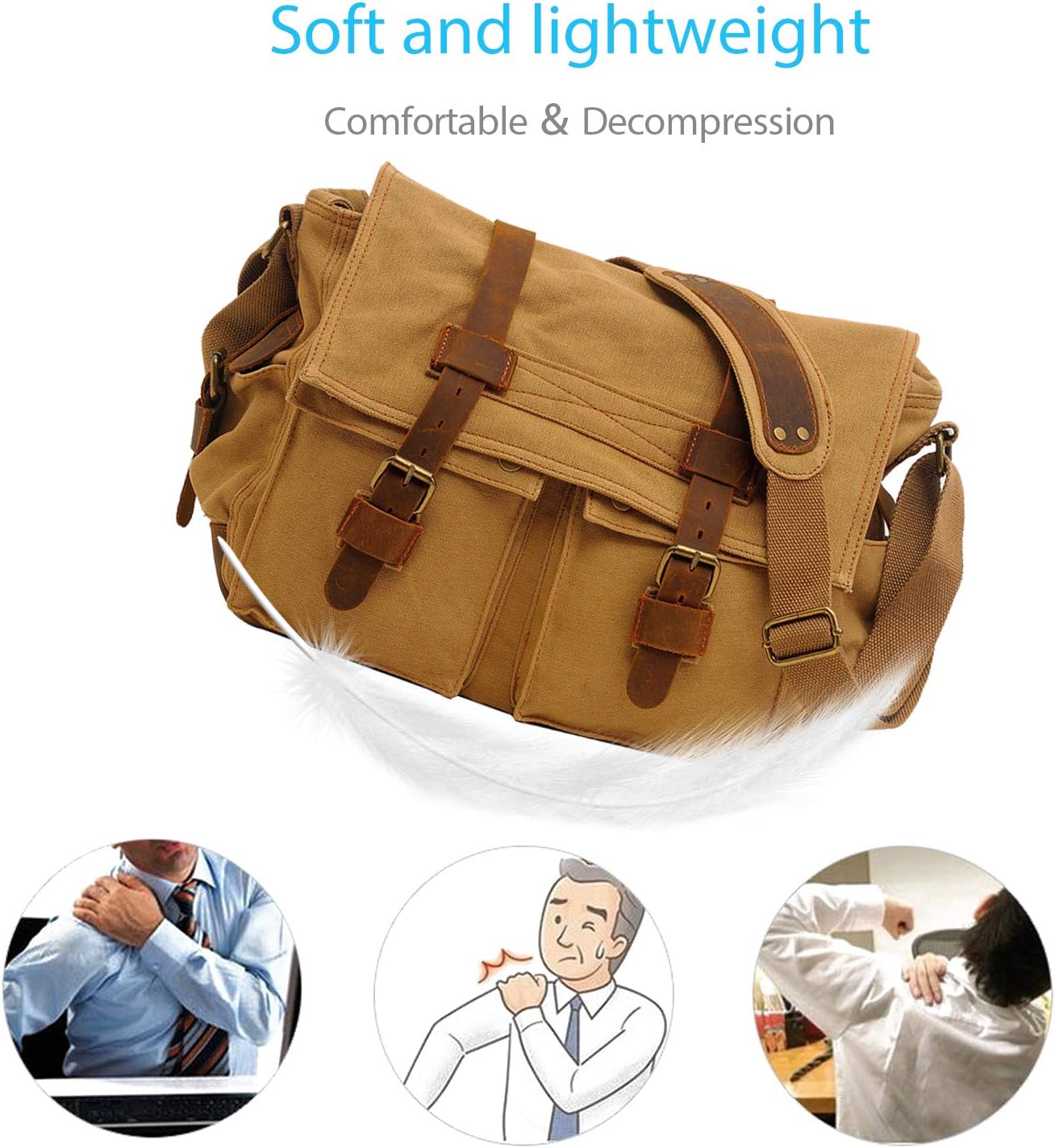 FANDARE 14 Inch Laptop Shoulder Bag Unisex Canvas Messenger Bag for Men/Women, Khaki, L, Leisure Backpack - Image 5