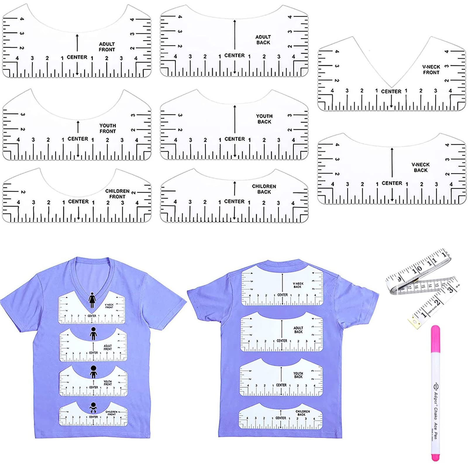 WUDQIJI T-Shirt Alignment Ruler, 8 Pieces T-Shirt Alignment Tools, DIY T-Shirts, Alignment Ruler, T-Shirt Instructions Ruler with 1 Water-soluble Marker Pen + 1 Tape Measure