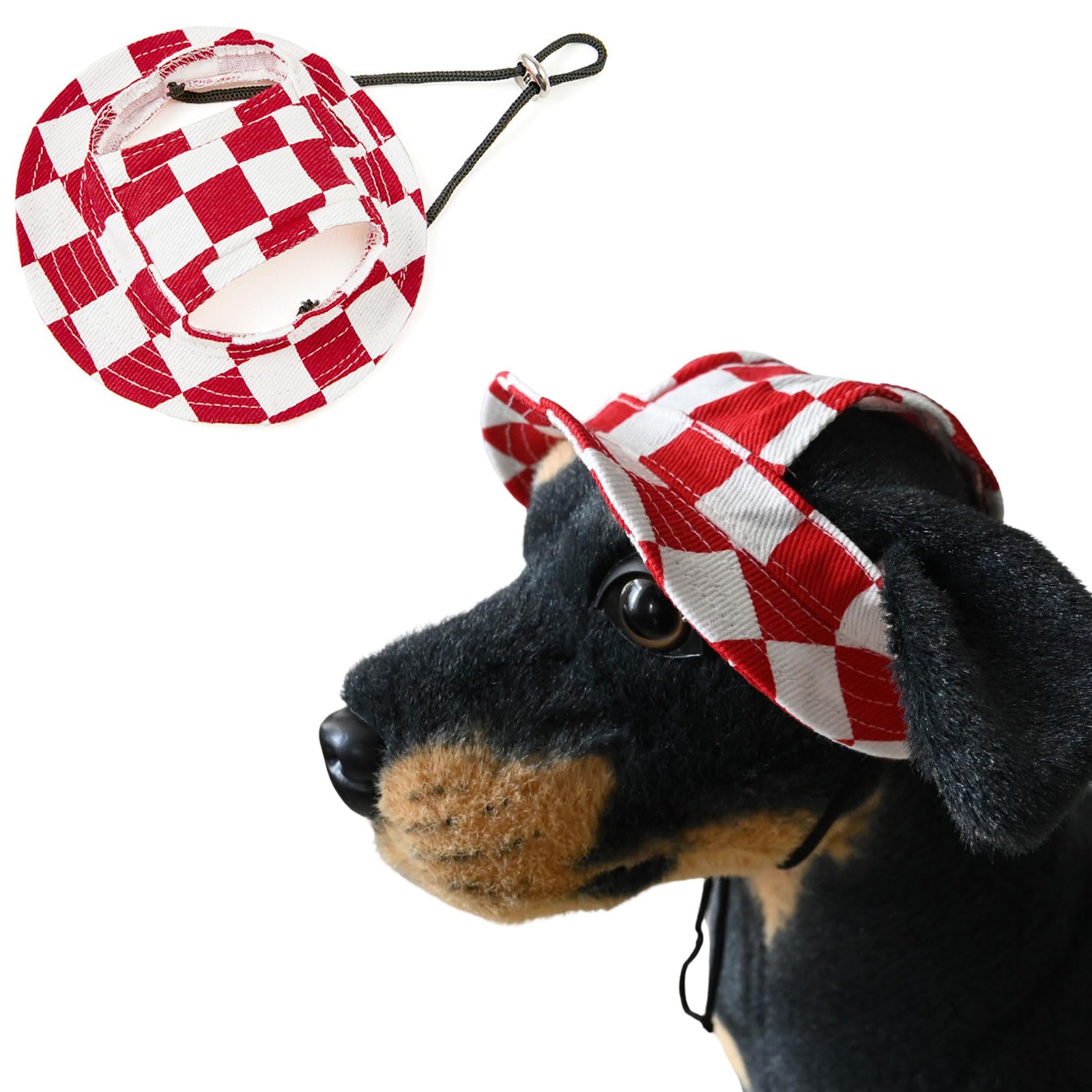 BT Bear Dog Bucket Hats, Cotton Casual Dog Round Cap with Ear Hole, Adjustable Outdoor Travel Sun Protection Sport Hat for Cat Small Medium Dogs Red Checkered L