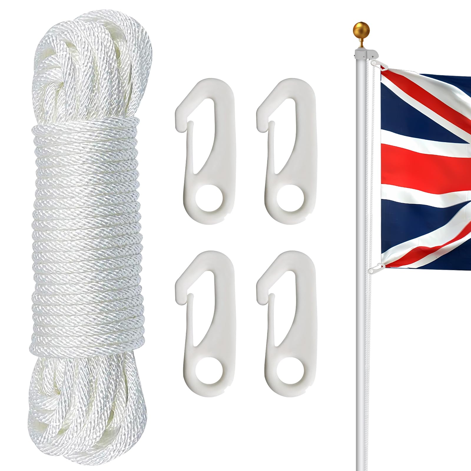 NQ Flag Pole Rope with Flag Pole Clip, 50FT/ 15M Nylon Flag Rope with 4 Pcs Clip Hooks, Flag Halyard Kit, Nylon Cord for Outdoor, Camping, Swing, Clothesline, Garden(White)