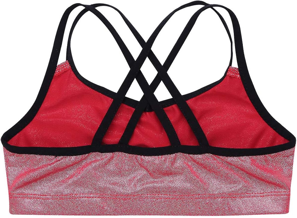 winying Girls Double Straps Criss Cross Back Metallic Crop Top Dance