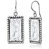 Jean Rachel Jewelry 925 Sterling Silver Dangle Earrings for Women - Baguette with Cubic Zirconia Vintage Design - Hypoallergenic, Lead & Nickel Free - Artisan Handcrafted Statement Earrings