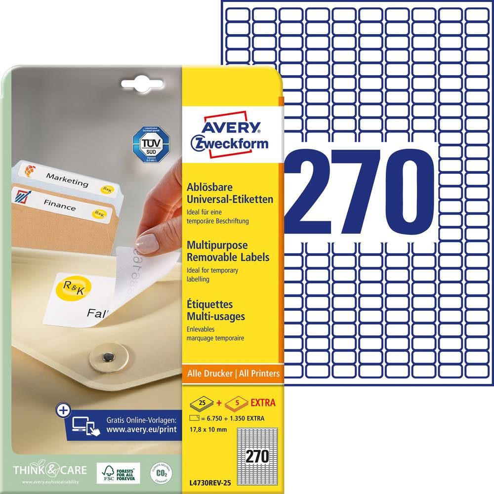 Avery Zweckform L4730REV-25 Universal Labels 17.8 x 10 mm 25 Sheets / 6750 Labels/White