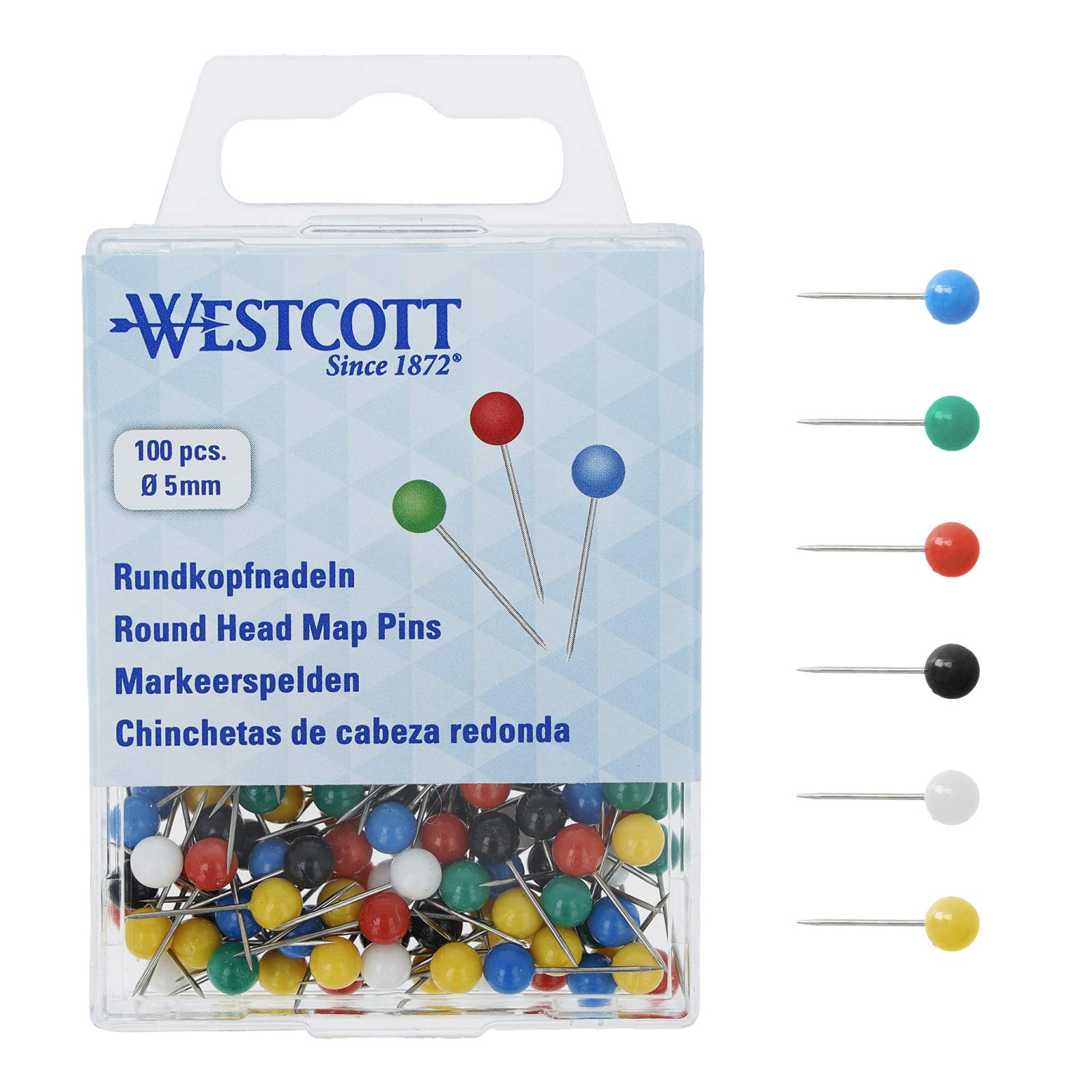 Westcott Round Head Needles Pack of 100 5mm Diameter 5 mm, Colourful 5 mm Colourful