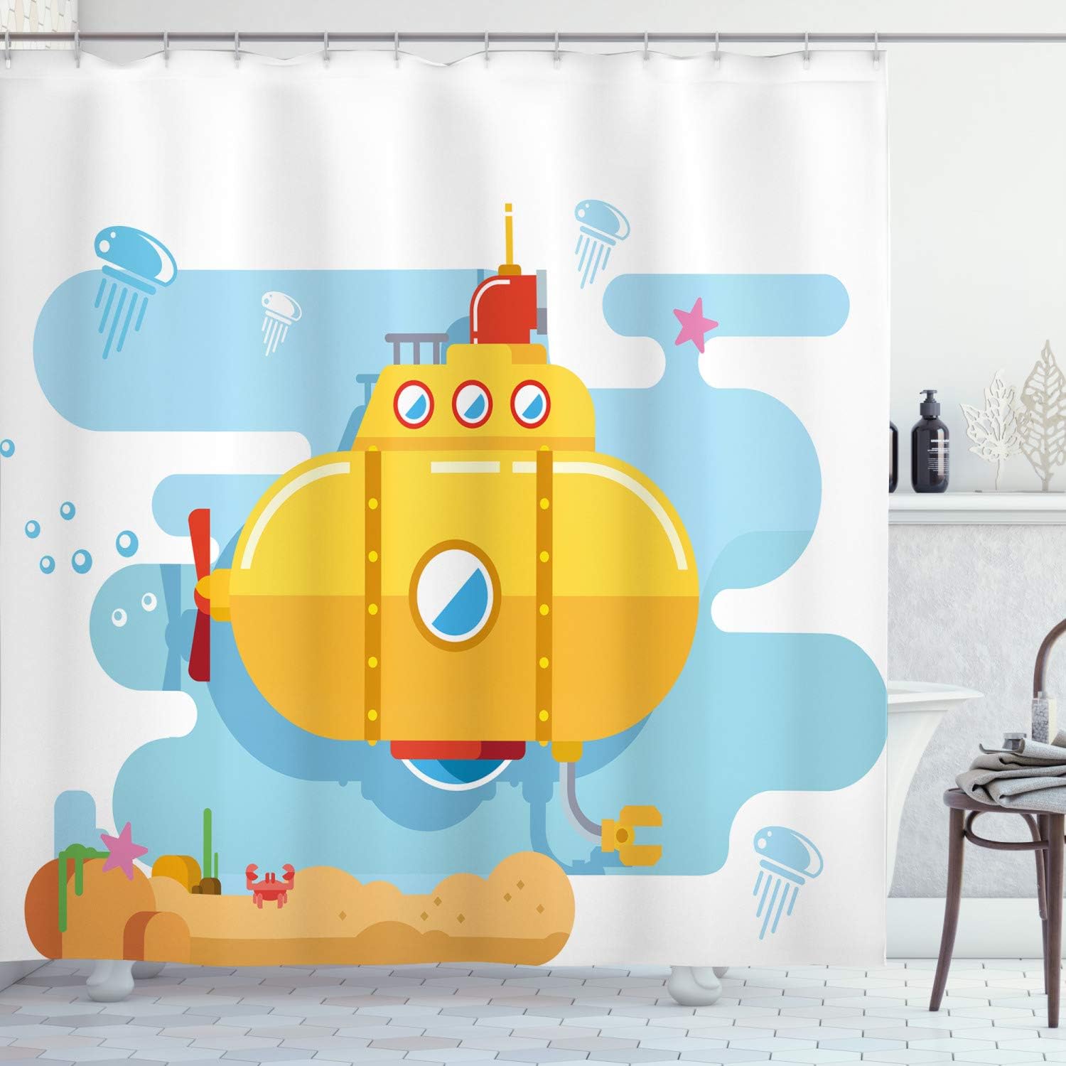 Amazon Com Ambesonne Yellow Submarine Decor Shower Curtain Submarine Underwater Illustration Crab And Starfish Print Fabric Bathroom Decor Set With Hooks 70 Inches Blue Earth Yellow Home Kitchen
