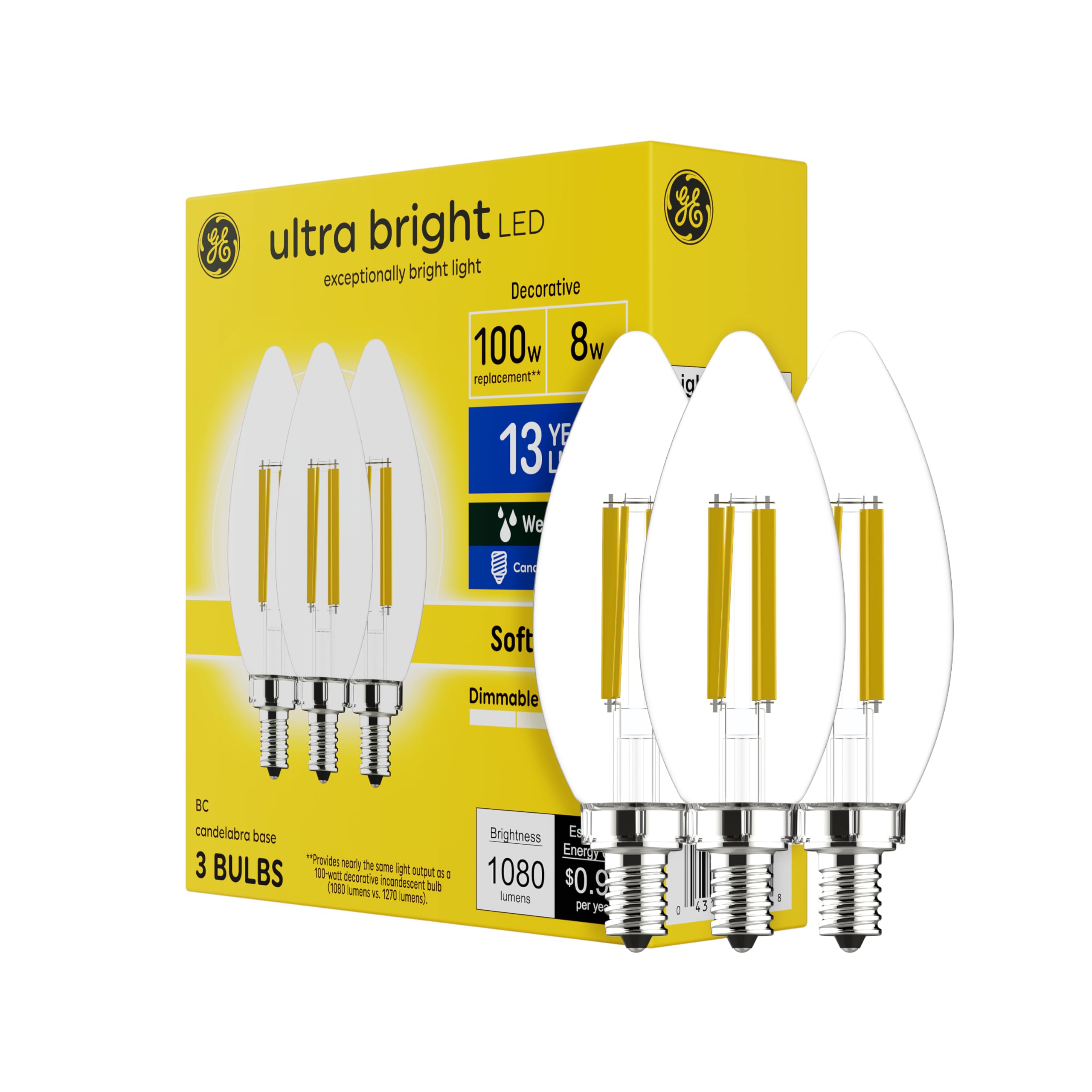 Photo 1 of ***(missing 1)***GE Ultra Bright LED Light Bulbs, 100W, Soft White Candle Lights, Clear Decorative B12 Light Bulbs (3 Pack)
