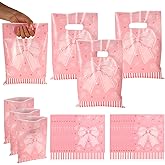 Penitue 50pcs Pink Bow Thank You Gift Goodie Treat Bags, Sweet Plastic Party Favor Bags with Coquette Ribbon Design for Birthday Party Baby Shower Wedding Favors Candy Cookies Gifts Packaging