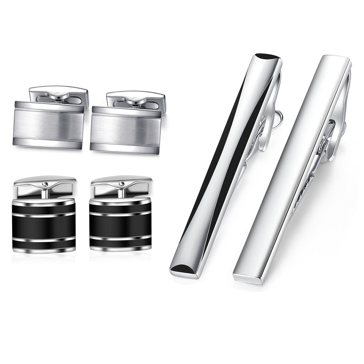 HONEY BEAR Cufflinks Tie Clip Set For Mens - Rectangle for Business Wedding Gift,Silver Black (without box)