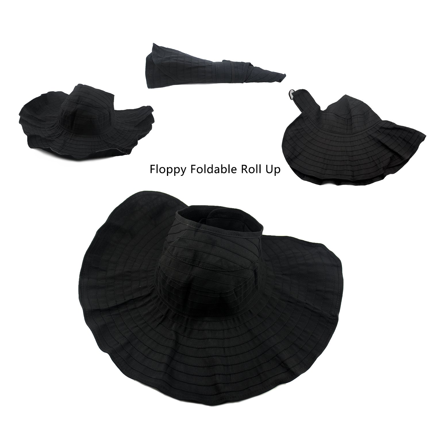 Womens Sun Hat SunJolly Portable Summer Wide Brim UV Protection Floppy Foldable Roll Up Beach Hat and 2PCS Parent-Child Hat for Travel (Women, Black)