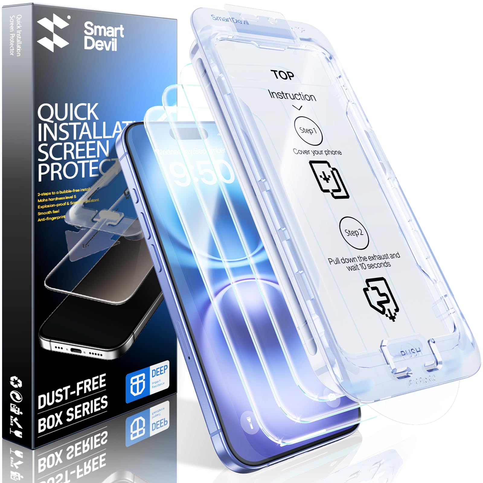 Photo 1 of SMARTDEVIL 2 Pack Screen Protector for iPhone 16 (6.1 Inch) Tempered Glass, HD Clear Film, Easy Installation, Dust-Free & Bubble-Free